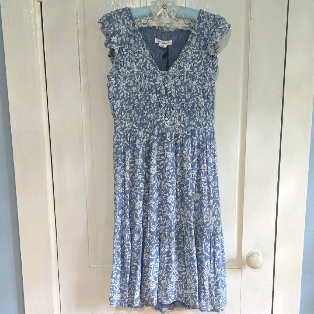Lucky Brand Blue Floral Flirty Flutter Sleeve Shirred Bust Midi Dress
